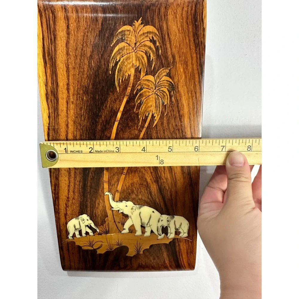 Vintage Wood Marquetry Wall Art Plaque‎ Elephant Palm Tree Inlay Brown Safari